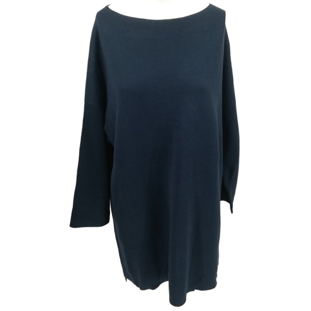 Eileen Fisher Long Sleeve Scoop Neck Silk Cotton Sweater Tunic Dress Size L Blue